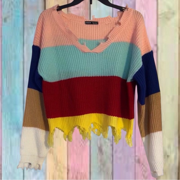 SHEIN Sweaters - Shein Peach Blue Multi Color Frayed Stripe Sweater Top NWOT